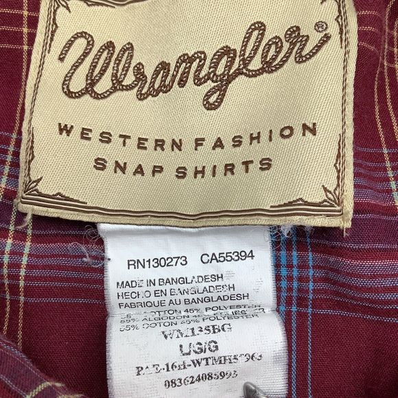 Wrangler Mens Long Sleeve Pearl Snap Shirt Red Plaid Size Large - Picture 4 of 5